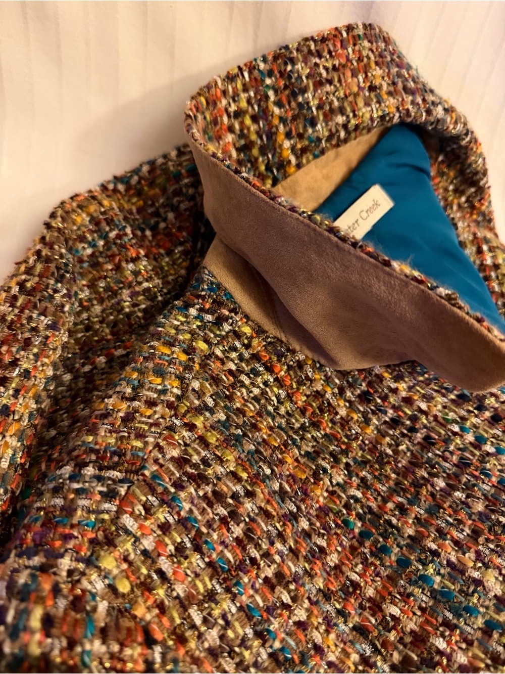 Coldwater Creek Multicolor Tweed Blazer with Tan Suede Collar